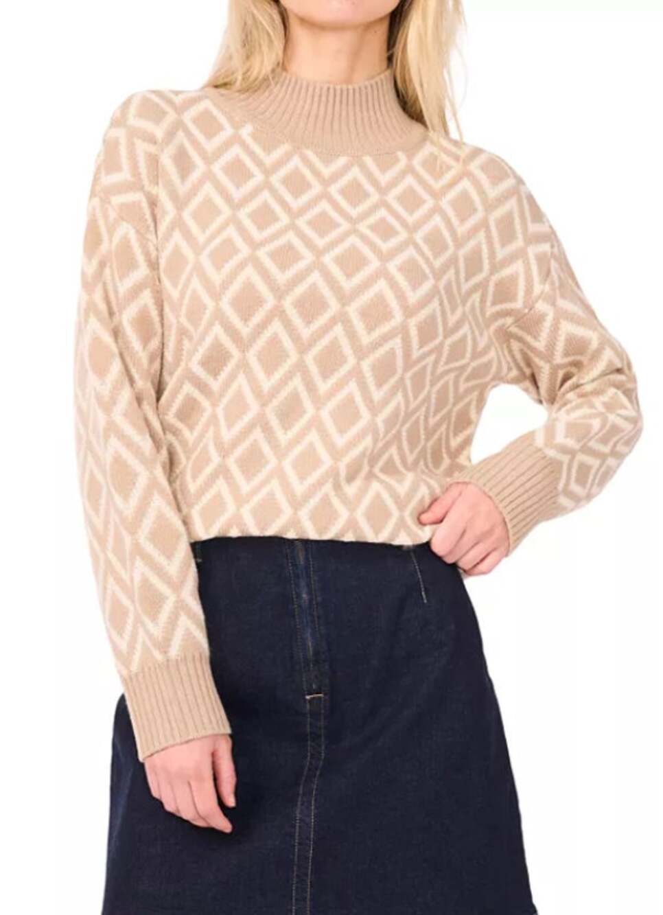 Vince Camuto Women's Diamond Motif Mock Neck Oxford Tan Sweater XS